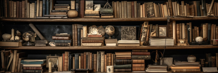 Old books on wooden bookshelves in a library. Generative AI - obrazy, fototapety, plakaty