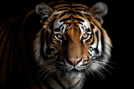 Close-up of a tiger's face on a black background. Horizontal studio photograph