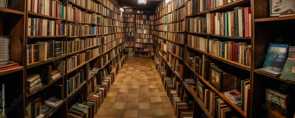 Wall mural old books on wooden bookshelves in a library. generative ai