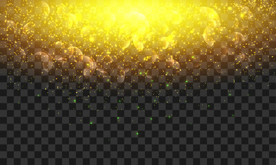 Vector effect lights bokeh on a transparent background. Gold glares with flying glowing magical dust