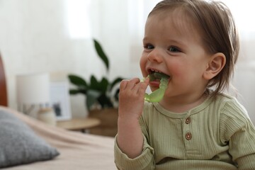 Cute baby girl with teething toy at home