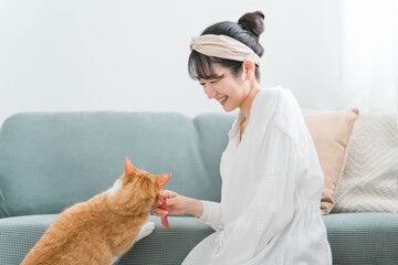 家・猫カフェで猫におやつをあげる日本人女性（餌）

