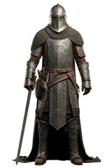 Crusader knight with chainmail coif and helmet. isolated object, transparent background - obrazy, fototapety, plakaty