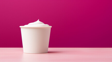 yogurt cream, white cardboard cup, magenta background, generative AI