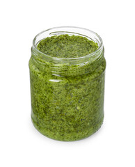 Delicious pesto sauce in jar isolated on white