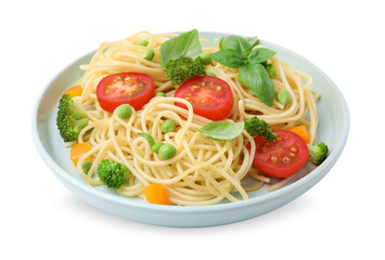 Plate of delicious pasta primavera isolated on white