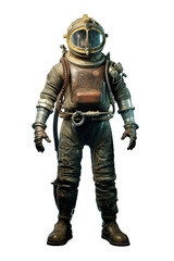 Deep sea diver in vintage diving suit. isolated object, transparent background