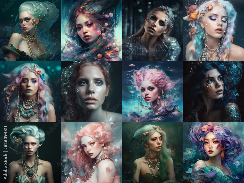 Wall mural collage set of fantasy portraits of beautiful mermaid girls