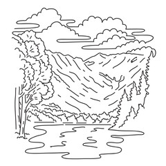 Mono line illustration of Chubu-Sangaku National Park with the Hida Mountains or Northern Alps in the Chubu region of Japan done in monoline line art style.
