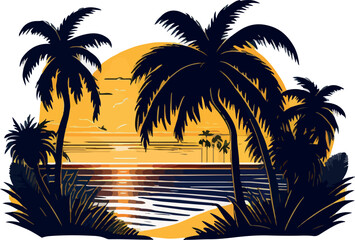 Sunset on the beach with beautiful palms