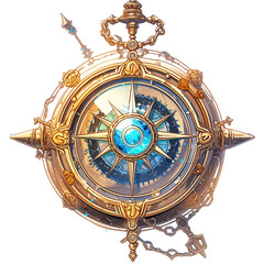 Gilded magical compass game asset. isolated object, transparent background