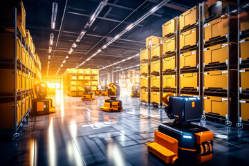 Modern high tech innovative warehouse logistics displayed through automation, robotics and artificial intelligence, defining the future of industry. - obrazy, fototapety, plakaty