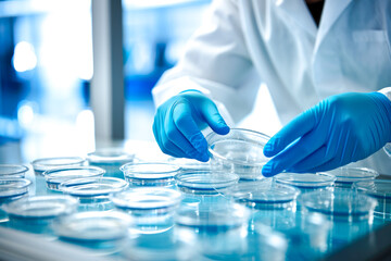 Closeup of lab technician examining a petri dish containing a precision sample, representing advanced biotechnology research
