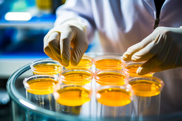 Closeup of lab technician examining a petri dish containing a precision sample, representing advanced biotechnology research