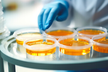 Closeup of lab technician examining a petri dish containing a precision sample, representing advanced biotechnology research