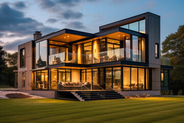 A very modern, luxurious house somewhere in the countryside. Building with large glass windows and green grass.