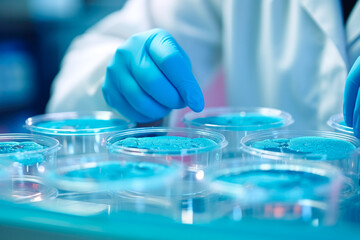 Closeup of lab technician examining a petri dish containing a precision sample, representing advanced biotechnology research