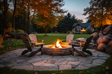 Outdoor fire pit in the backyard, with lawn chairs seating on a late summer or autumn night - obrazy, fototapety, plakaty