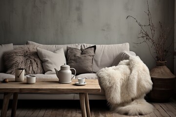 The Nordic living room showcases a still life composition with a cup of coffee and a sweater placed on the sofa alongside fur cushions. It portrays a cozy winter atmosphere within a Scandinavian