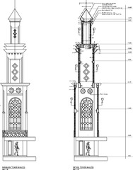 Obraz premium Vector sketch illustration of detailed technical design of mosque minaret architecture for Muslim worship