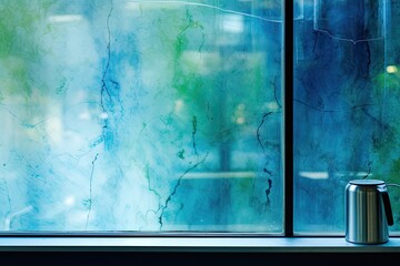 This abstract background in shades of blue, white, and green is captured from the window of a coffee shop. It can be utilized for showcasing or creating a montage of your products (or foods).