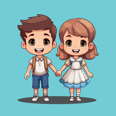 Cute children boy and girl happy cartoon vector illustration isolated
