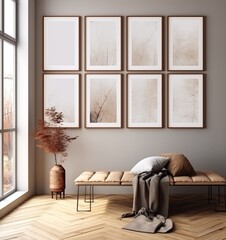 Mock-up poster frame in a modern beige home interior, inspired by Scandinavian style, 3D render. Made with Generative AI technology