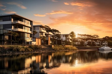 Naklejka premium The sun setting over opulent residences in the suburb of Varsity Lakes on Australia's Gold Coast.