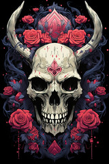 Illustration of a skull or human cranium with colorful flower decorations on a black background