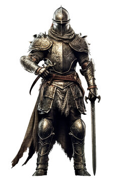 Medieval knight with helmet holding a sword and shield. isolated object, transparent background