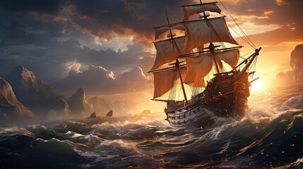 Obraz premium ancient maritime adventure, digital art illustration