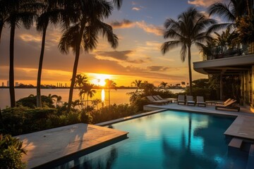 Fototapeta na wymiar Una mansi�n espa�ola, un cielo al atardecer y una gran piscina perfecta para nadar. Miami, Florida.