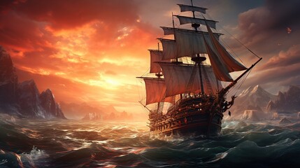 Obraz premium ancient maritime adventure, digital art illustration