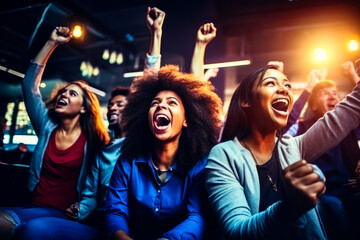 A diverse group of friends cheering while watching sports on television, sharing excitement and joy for sports events