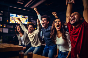 A group of friends cheering while watching sports on television, sharing excitement and joy for...