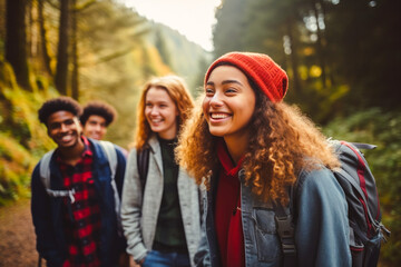 Diverse group of teenagers hiking and enjoying nature, a group of young friends exploring the great outdoors, embracing an active lifestyle in nature