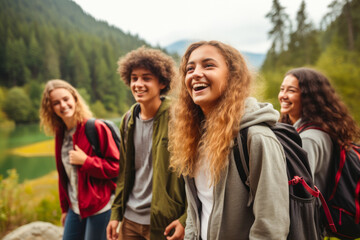 A group of teenagers hiking and enjoying nature, a group of young friends exploring the great outdoors, embracing an active lifestyle in nature