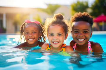 Diverse young children enjoying swimming lessons in pool, learning water safety skills
