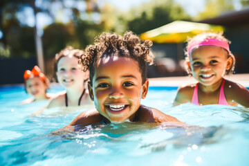Diverse young children enjoying swimming lessons in pool, learning water safety skills