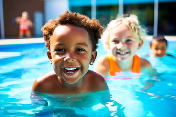 Diverse young children enjoying swimming lessons in pool, learning water safety skills