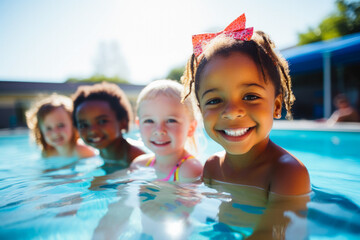 Diverse young children enjoying swimming lessons in pool, learning water safety skills