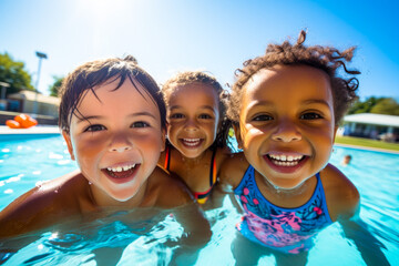 A group of diverse young children enjoying swimming lessons in pool, learning water safety skills and having summer fun