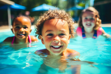 A group of diverse young children enjoying swimming lessons in pool, learning water safety skills and having summer fun
