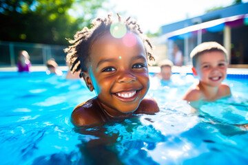A group of diverse young children enjoying swimming lessons in pool, learning water safety skills and having summer fun