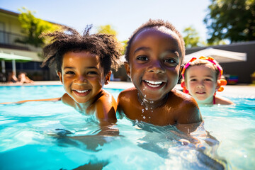 A group of diverse young children enjoying swimming lessons in pool, learning water safety skills and having summer fun