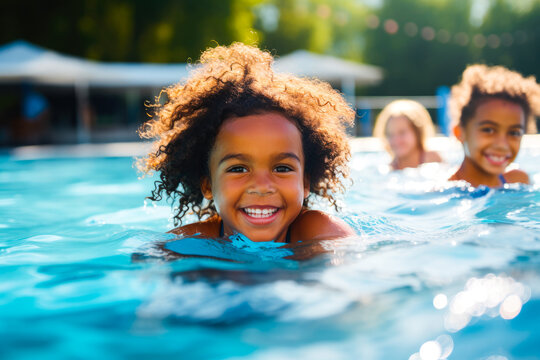 Diverse young children enjoying swimming lessons in pool, learning water safety skills