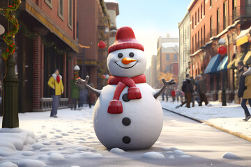 Obraz premium 3D Cute Snowman Wearing Red Hat and Muffler on snowy Street, Christmas Celebration, Ai Generated