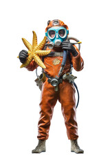 Scuba diver with mask holding a starfish full body. isolated object, transparent background