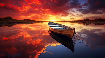 Boat on a lake during a beautiful red sunrise, wide angle, landscape photography