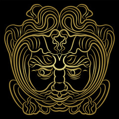 Mask of Green Man from Augsburg, Germany. Medieval Celtic motif. Foliate head of pagan god of nature and vegetation. Golden linear silhouette on black background. Art Nouveau style.